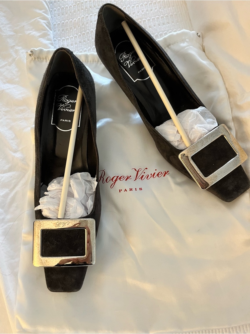 Roger Vivier 6.5 brown suede 45mm Heels Silver Buckle with NO box-yes dustcloth